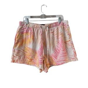 Tahari 100% Linen Tropical Palm Print Pull On Shorts Size LG Pink Orange Casual